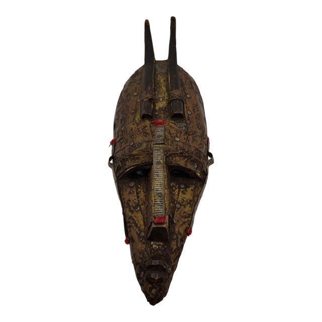 Authentic Marka African Mask Mali - Hammered Brass & Copper Over Wood Tribal Art For Sale