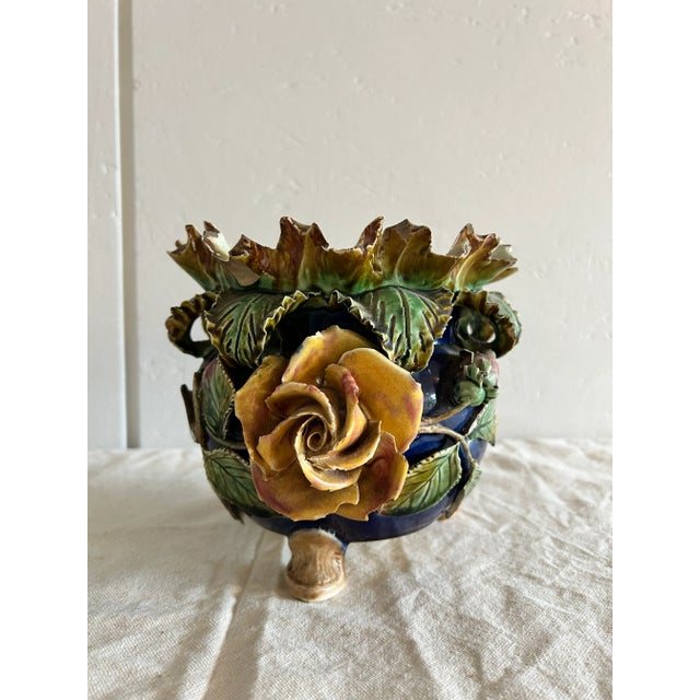 Antique French Barbotine Majolica Applied Rose Vase. Stamped on bottom. Stamped England and 00. In very good vintage...