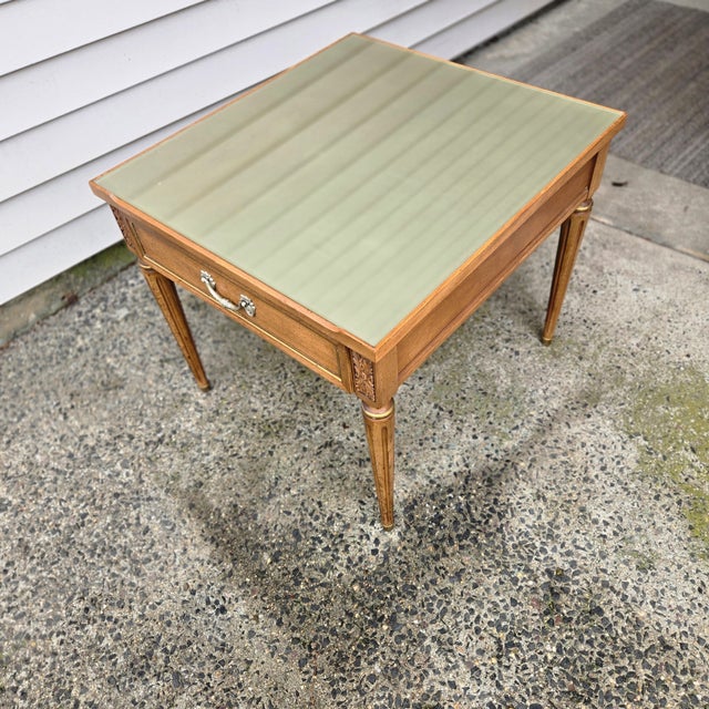 Wood 1970s Lovely Neoclassical Henredon One Drawer Stand Gold Glass Top For Sale - Image 7 of 9