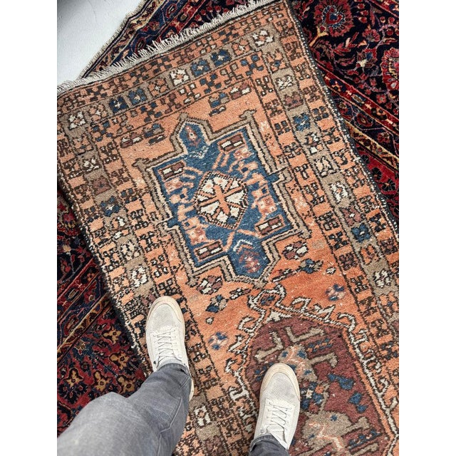 1930s Tribal Butterflies in the Border DUSTY CANTALOUP & Merlot Hues Rug 2.10 x 10.6 For Sale - Image 4 of 8