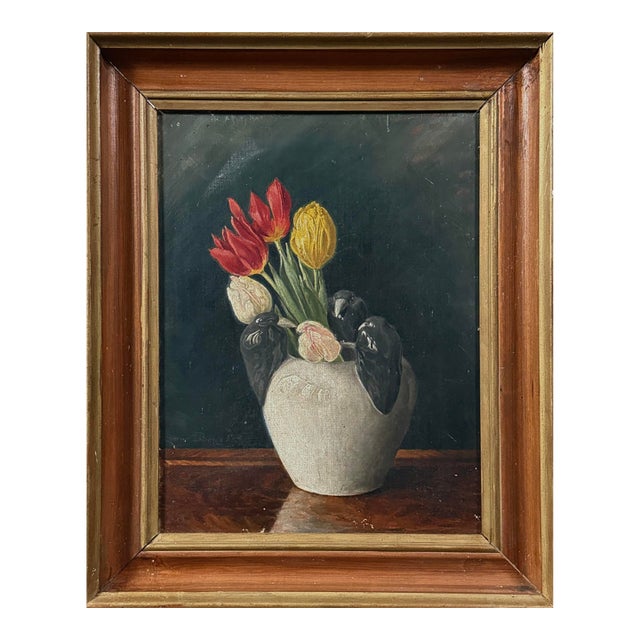 Antique Danish Victorian Floral Still Life With Tulips and Blackbirds, Signed For Sale