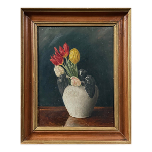 Antique Danish Victorian Floral Still Life With Tulips and Blackbirds, Signed