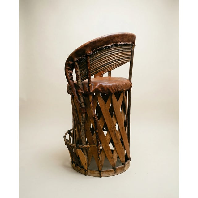 Rustic Vintage Mexican Equipale Leather & Wood Drum Chair – Rustic Southwest Barrel For Sale - Image 3 of 4