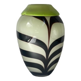 1970s Art Glass Zebra Feather Striped Vase With Lime Green Accent For Sale