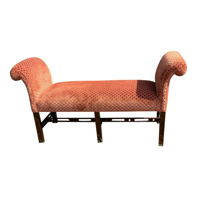 Vintage Henredon Chippendale-Style Carved Mahogany Bench Upholstered in an Orange Cut Velvet Fabric For Sale