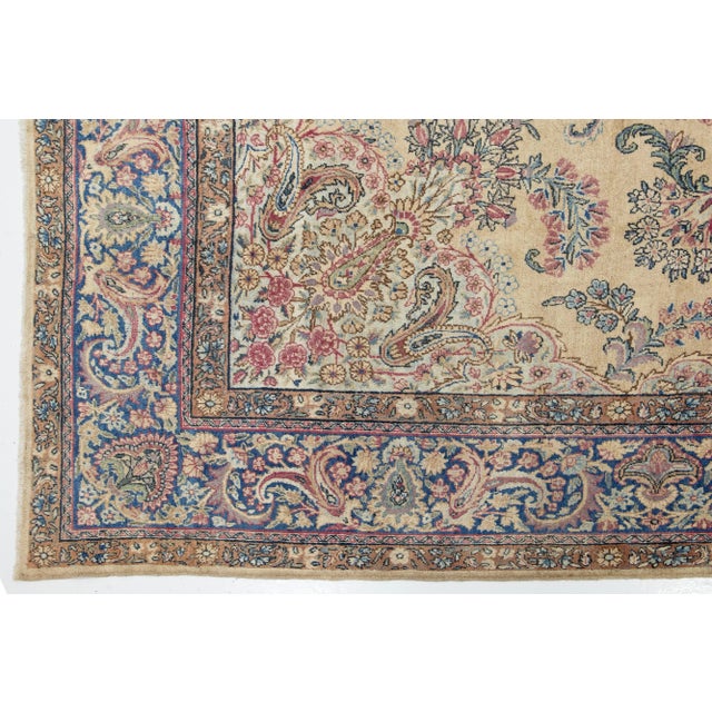 Textile 8 X 11 Antique Kerman Wool Rug in Tan With a Rosette Motif For Sale - Image 7 of 10