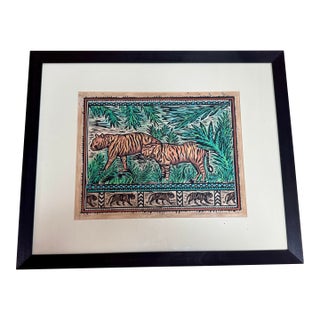 1990s Hand Colored Woodcut Print Entitled Tiger Dreaming For Sale