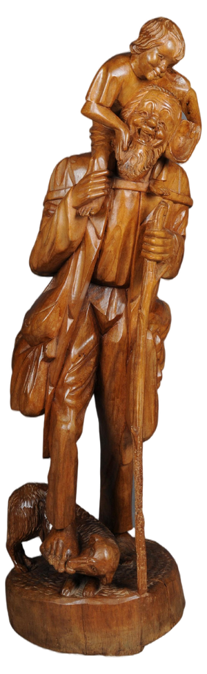 20th Century Ranger with Child Sculpture in Limewood, South Germany