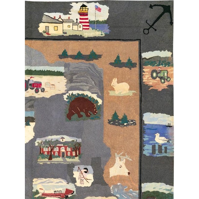 A pictorial American Hooked Small Room Size Rug from the early 20th Century