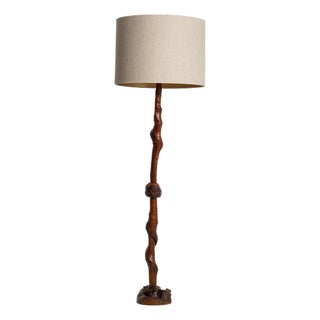 1960-1969 France Rich Walnut Brown Carved Walnut Floor Lamp For Sale