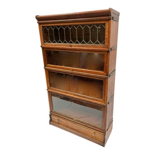 Antique Globe Wernicke Four Stack Barrister Bookcase With Leaded Glass and Drawer For Sale
