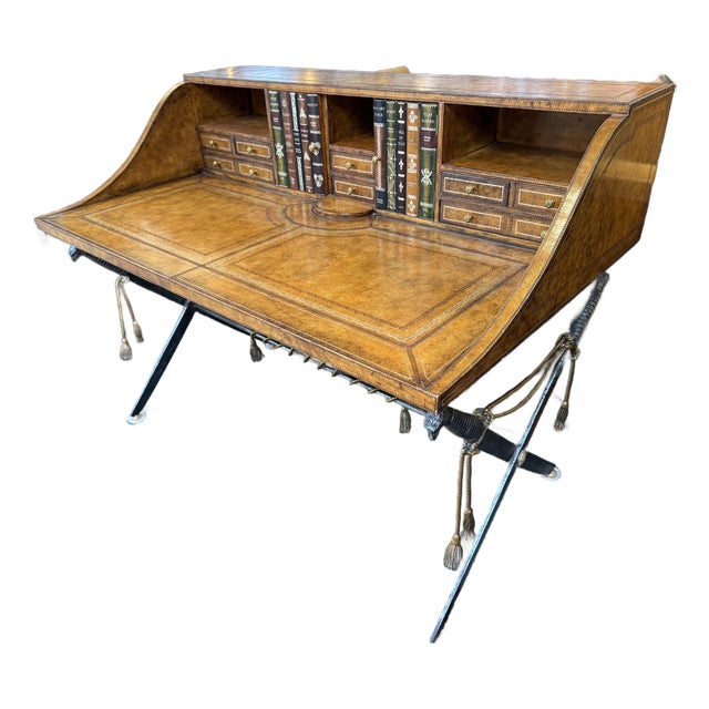 Maitland-Smith Leather Clad British Campaign Desk With Steel Sword Base, Vintage For Sale