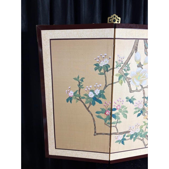 Wood Hand‑Painted Magnolia & Long‑Tailed Birds Panel — 48" Asian Decorative Art With Calligraphy For Sale - Image 7 of 13
