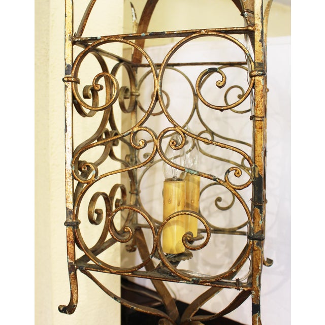 French Early 20th Century French Gilt Iron Double Light Hanging Lantern For Sale - Image 3 of 10