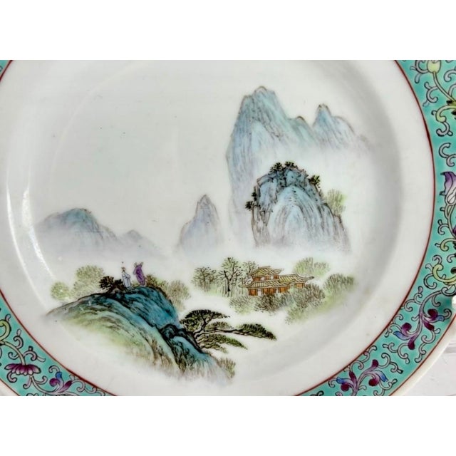 Chinoiserie Vintage Hand-Painted Chinese Famille Rose Landscape & Turquoise Enamel Dish Set - Pair For Sale - Image 3 of 8