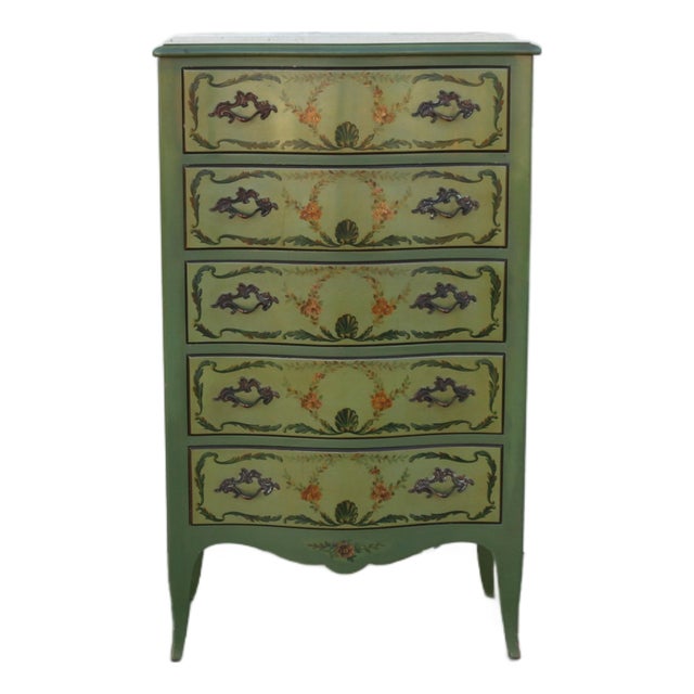 1950s French Provincial Hand-Painted Green Tall Chest of Drawers For Sale