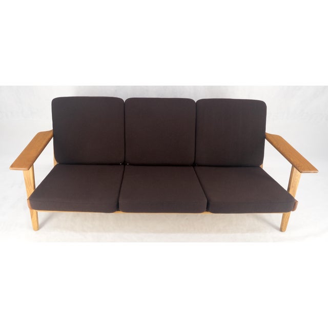 Solid Oak Frame Brown Upholstery MCM Style 3 Seat Sofa Clean! For Sale - Image 9 of 16