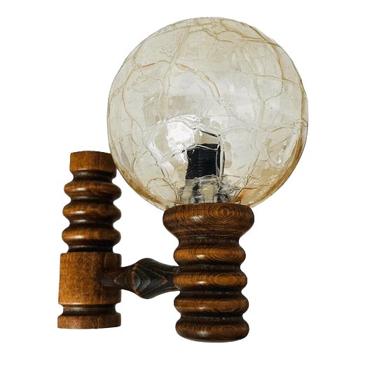 Mid-Century Wall Lamp in Iridescent Wood with Peach Glass Ball Globe, 1970s For Sale