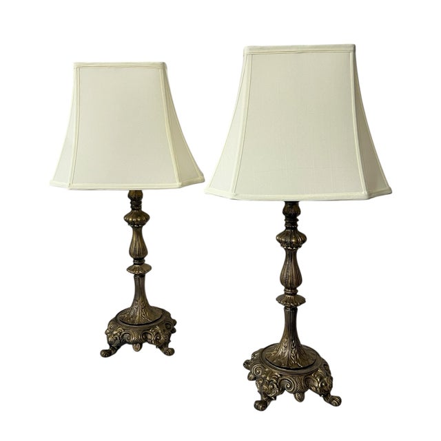Baroque Mid 20th Century Gilt Metal Footed Baroque Style Lamps and Shades - A Pair For Sale - Image 3 of 10