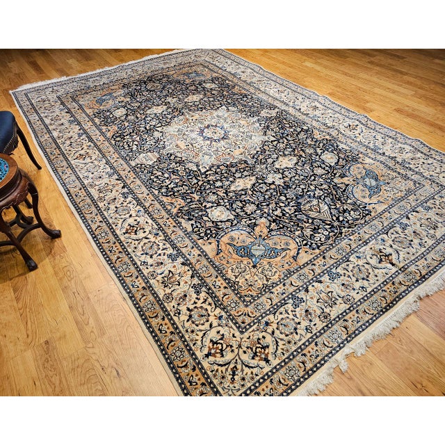 1900 - 1909 Vintage Persian Nain Area Rug, Hand-Knotted Wool & Silk, Floral Pattern, 9x13, Navy & Ivory For Sale - Image 5 of 18