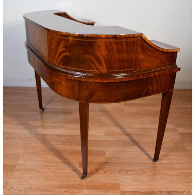 Brown 1930s English Regency Mahogany Inlaid & Leather Top Carlton Writing Desk For Sale - Image 8 of 18