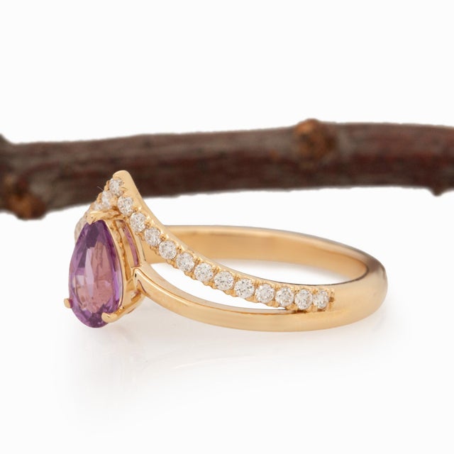 Pink Pink Sapphire Ring With Natural Diamonds Accents: Solid 14k Gold, 7x4mm For Sale - Image 8 of 10