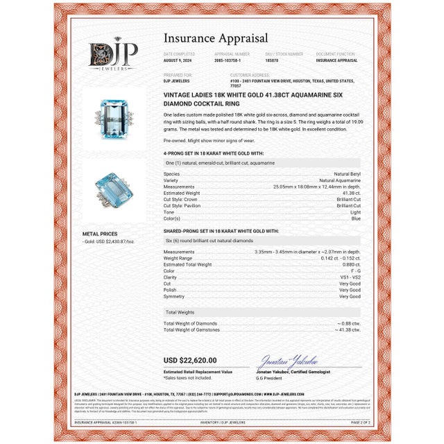 Metal Vintage Ladies 18k White Gold 41.38ct Aquamarine Six Diamond Cocktail Ring Size 5 For Sale - Image 7 of 7