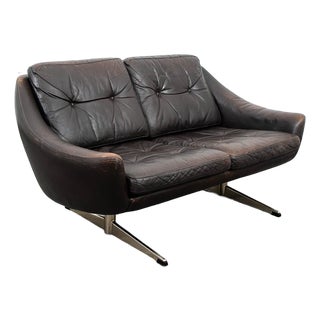Mid Century Danish Modern Sofa Couch Brown Leather 2 Seat Settee Metal Denmark For Sale