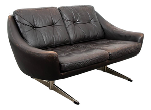 Mid Century Danish Modern Sofa Couch Brown Leather 2 Seat Settee Metal Denmark