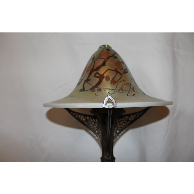 1980s Art Nouveau Lamp Art Glass Shade Bronze Casting after Louis Majorelle For Sale - Image 10 of 18