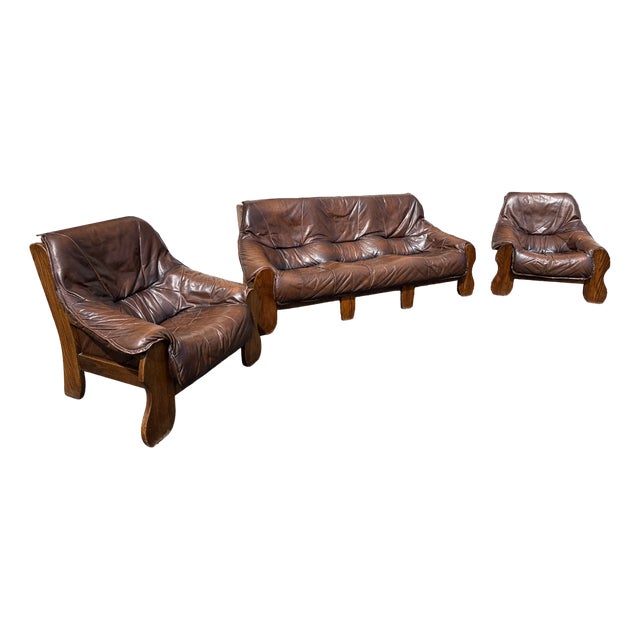 Brutalist Leather Living Room Set, 1970, Set of 3 For Sale