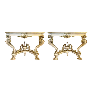 Italian Parcel Paint and Gilt Decorated Faux Marble-Top Console Tables - a Pair