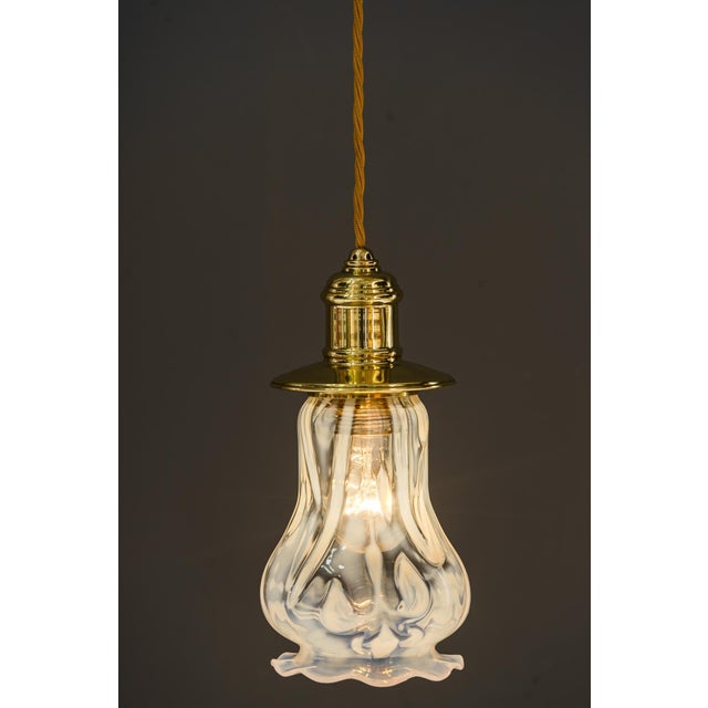 Gold Art Deco Pendants with Opaline Glass Shades, Vienna, 1920s, Set of 2 For Sale - Image 8 of 15