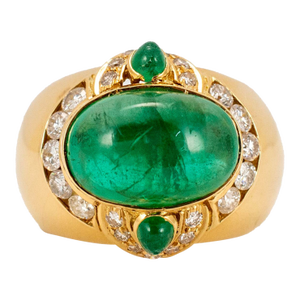 Vintage 18k Gold 5.83ct Sugarloaf Cabochon Green Emerald Diamond Cocktail Ring, Size 8