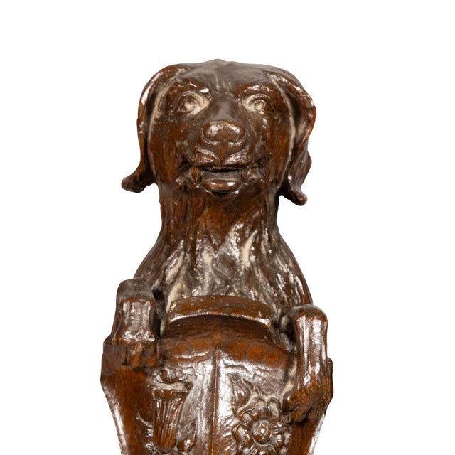 Carved Oak Figures Of Seated Dogs With Shields - a Pair | Chairish