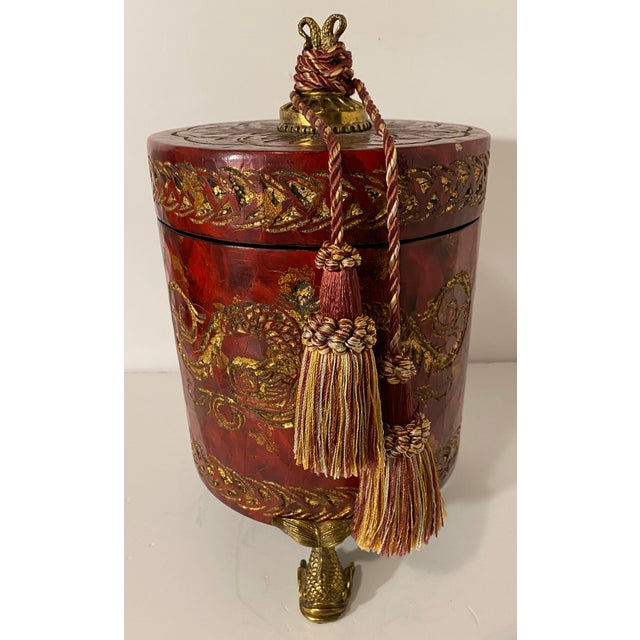 Monumental 14" Graduated Trio of Maitland-Smith Tessellated Stone Canisters - Imperial Red & Gold Leaf For Sale - Image 11 of 18