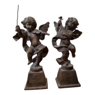 Antique Cast Bronze Putti/Cherubs With Music Instruments Style of Tacca - Set of 2 For Sale