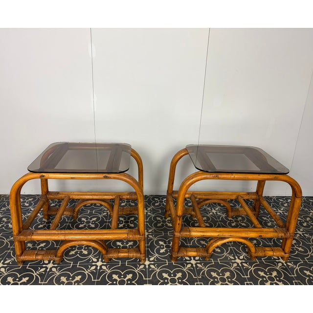 Wood Mid-Century Modern Italian Bamboo and Rattan Side Tables with Smoked Glass, 1950s, Set of 2 For Sale - Image 7 of 18