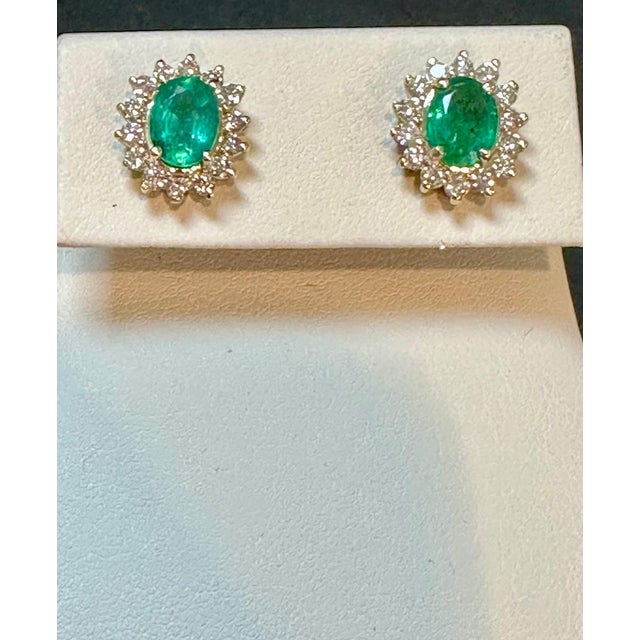 4 Ct Oval Shape Emerald & 1.5 Ct Diamond Post Back Earrings 14 Karat Yellow Gold For Sale - Image 12 of 18