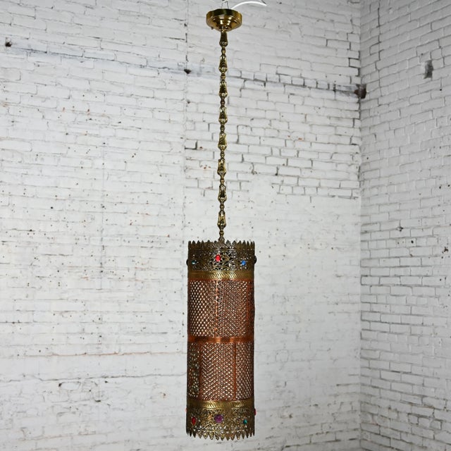 Mid-20th Century Moroccan or Moorish Style Embossed & Pierced Copper & Brass Pendant Light Fixture With Multicolored Jewels Made in India For Sale - Image 12 of 12