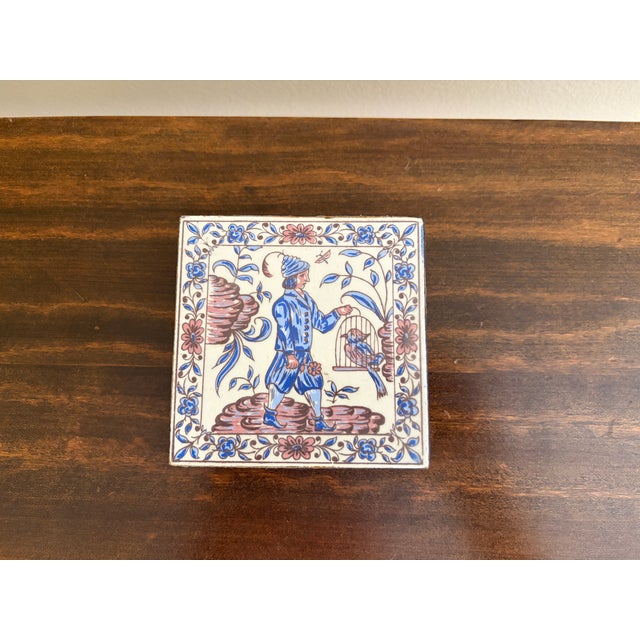 Vintage Delft Tile Matchbox Holder With Hand-Painted Birdcage Scene For Sale - Image 11 of 12