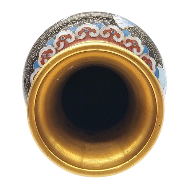 Jingfa Chinese Cloisonné Enamel Peony and Butterfly Vases on Wood Stands, Pair For Sale In San Francisco - Image 6 of 8