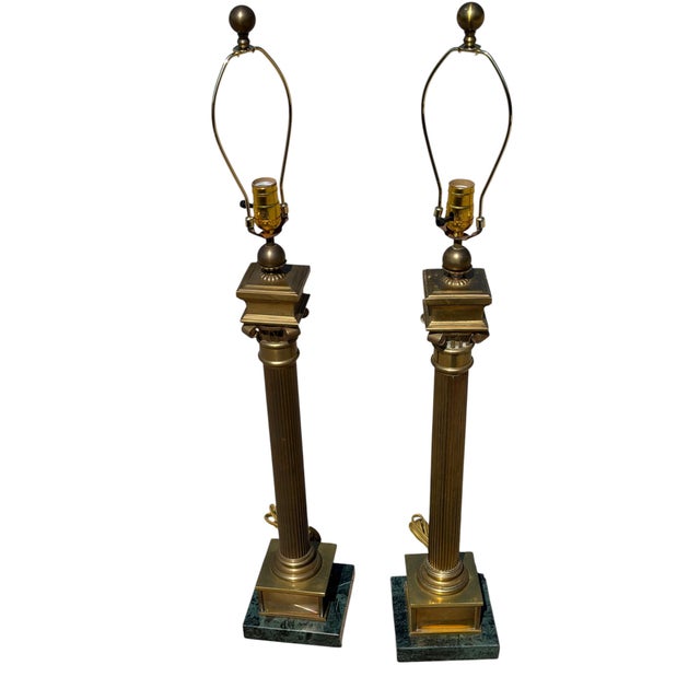 Metal Vintage Chapman Lamps, Heavy Brass Columns and Heavy Marble Bases. New Wire and Socket - Pair For Sale - Image 7 of 7
