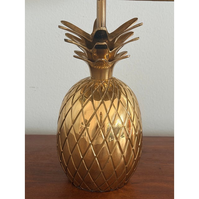American Petite Brass Pineapple Lamp With Black Tole Shade For Sale - Image 3 of 8