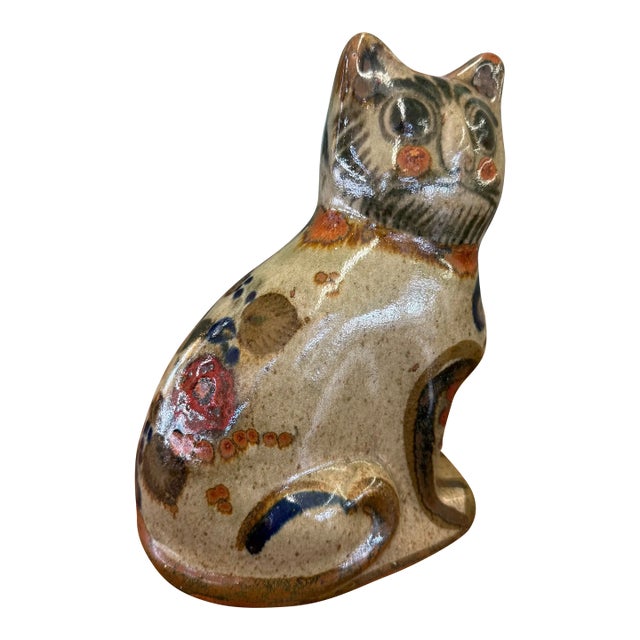Signed Vintage Mid Century Modern Style Mexican Folk Art Pottery Cat Hand Painted Ceramic Figurine For Sale