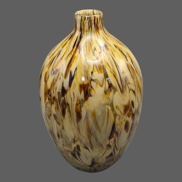 Mid-Century Modern Vintage Hand-Blown Art Glass Brown & Cream Tortoise-Style Vase 13'' Tall For Sale - Image 3 of 9