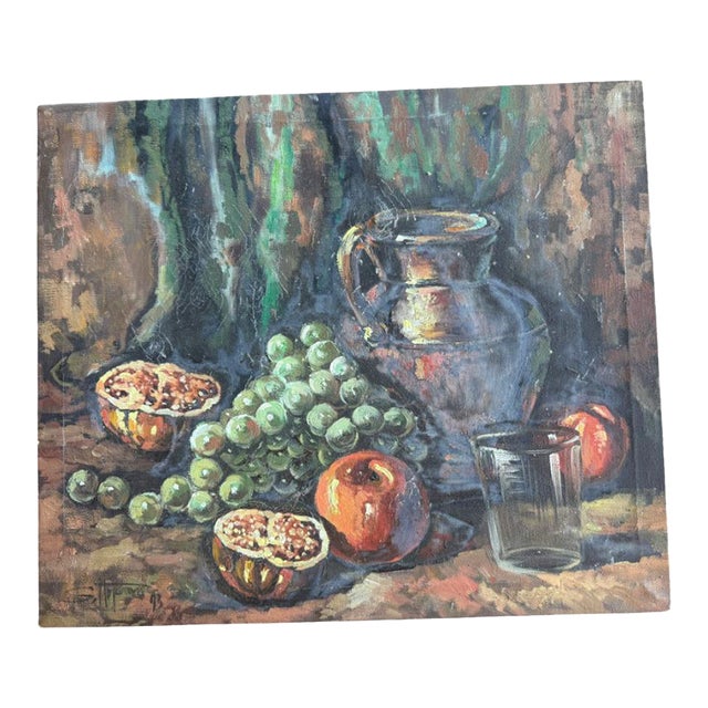 Vintage MCM Still Life Oil Painting on Canvas Unframed Signed Grapes Apple Pomegranate Pitcher Glass For Sale
