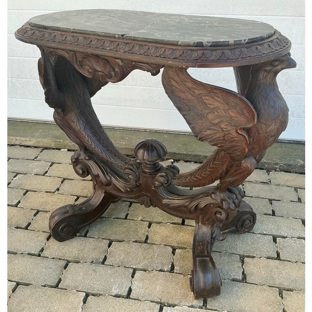 American Antique Walnut Carved Spread Wing Eagles Base Marble Top Table For Sale - Image 3 of 12