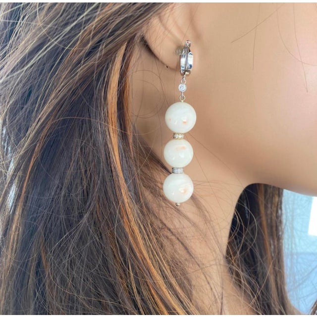 Modern White Coral 0.50 Inch Wide Diamond Rondels 0.45 Carat Gold 2.75 Inch Earrings, Pair For Sale - Image 3 of 6