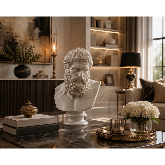 Classical Roman Hand-Carved Natural Marble Bust Sculpture – Bust of the Farnese Hercules For Sale - Image 3 of 6